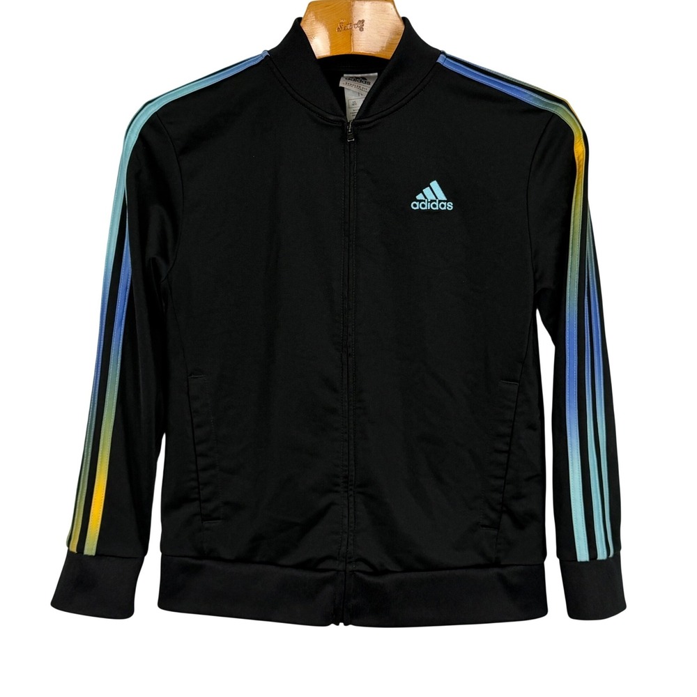 Adidas Kids Track Jacket Gradient 3-Stripes Full Zip Size M 10/12 Black Blue